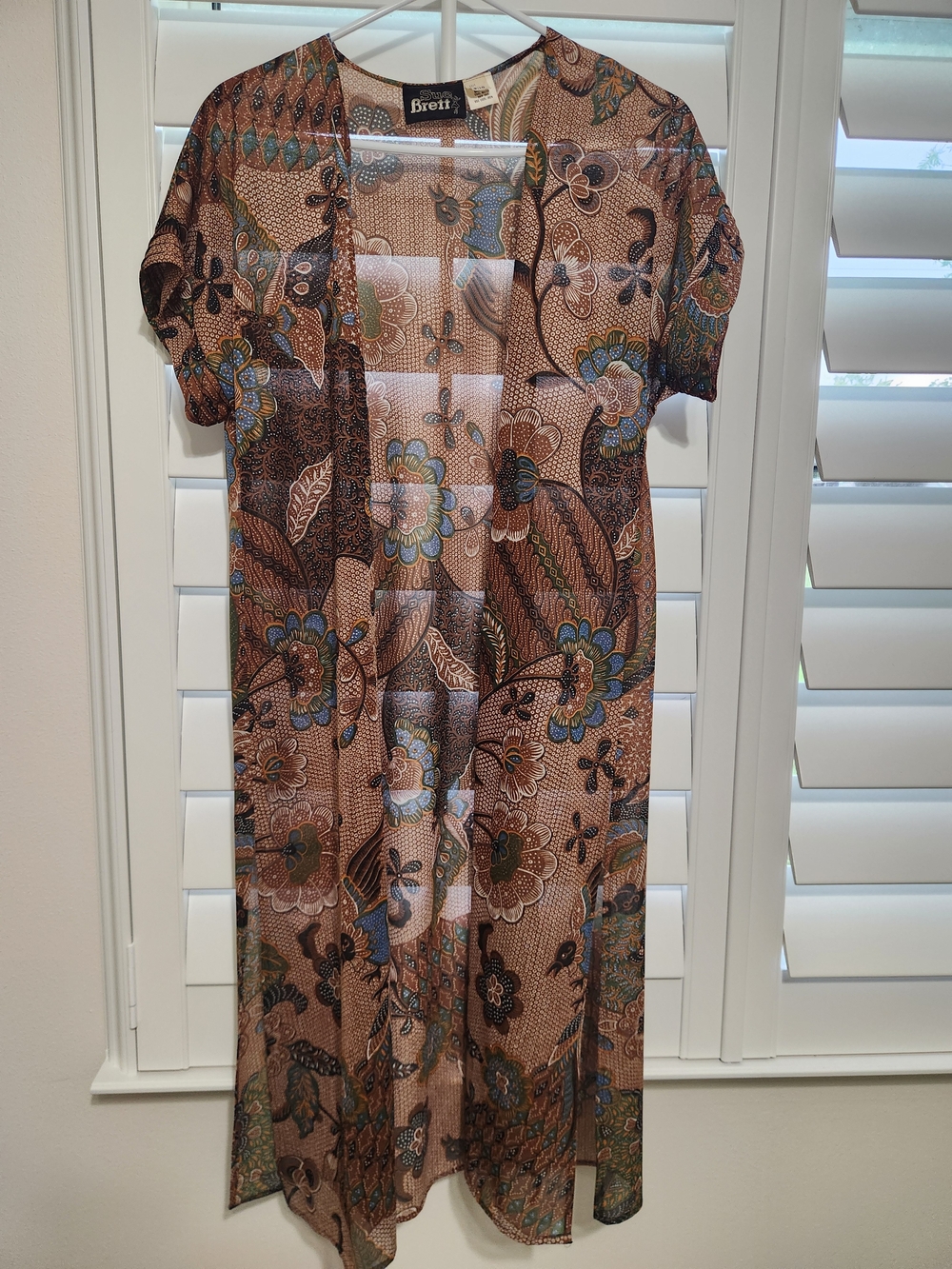VTG Sue Brett Sheer Short Sleeve Open Front Long Duster In floral print. Sz 9/10 - Picture 11 of 14